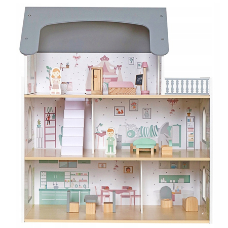 Dormitor & birou - Casuta pentru papusi din lemn cu 3 niveluri, mobilier si accesorii, 61x26x71 cm, multicolor