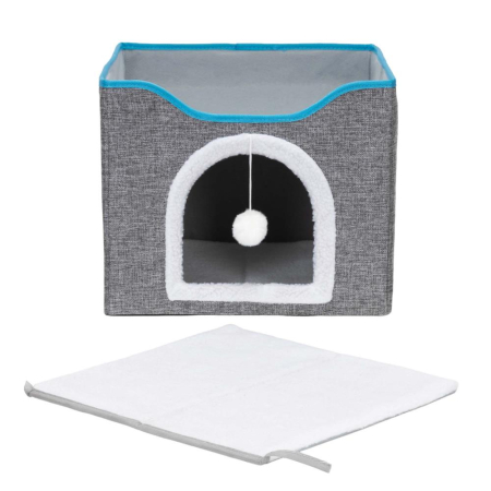 Casuta pisici platforma jucarie suspendata lemn husa textila, 42x41x34 cm, zona zgariat, gri [1]