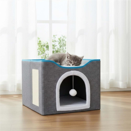 Casuta pisici platforma jucarie suspendata lemn husa textila, 42x41x34 cm, zona zgariat, gri [21]