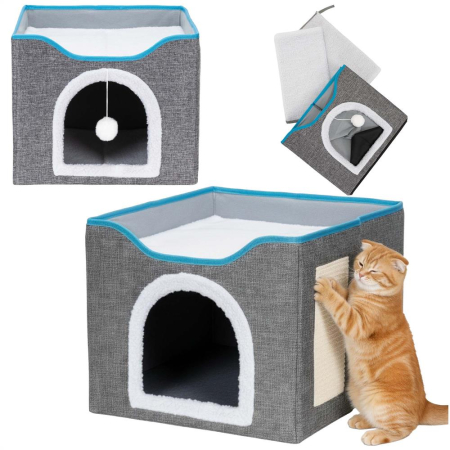 Casuta pisici platforma jucarie suspendata lemn husa textila, 42x41x34 cm, zona zgariat, gri [4]