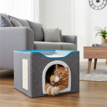 Casuta pisici platforma jucarie suspendata lemn husa textila, 42x41x34 cm, zona zgariat, gri [22]