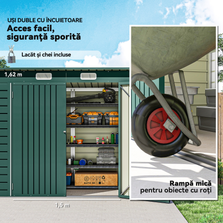  Casuta pentru Unelte cu 2 Guri de Aerisire si Sistem de Blocare, din Otel, 249x121x183 cm, Verde [5]