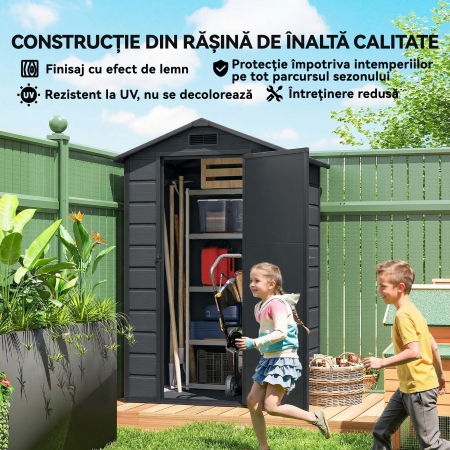  Casuta pentru Unelte cu 2 Intrari, Ferestre si Aerisiri, din PP si Aluminiu, 128x104x196 cm, Gri inchis [7]