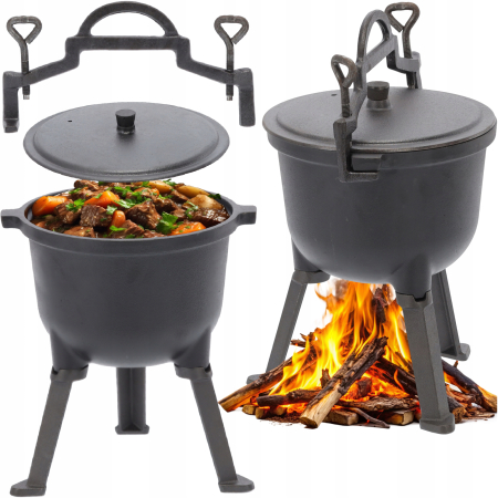 Ceaun vanatoresc din fonta, cu capac si picioare pentru gatit in aer liber, 5L, 25x42 cm, negru [6]