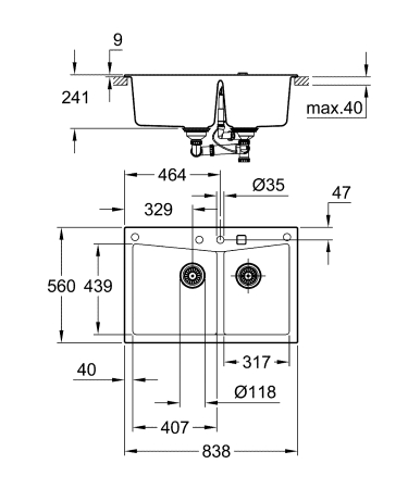 Chiuveta bucatarie Grohe 31657AP0, K700, quartz, 840 x 560 mm, pe blat, 2 cuve, evacuare, negru [3]