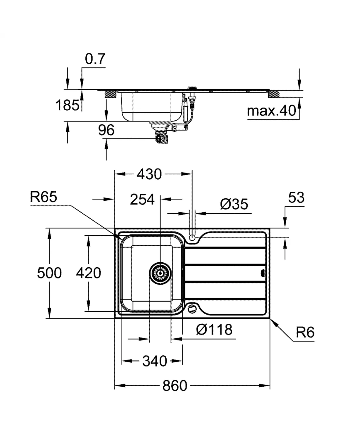 Chiuveta bucatarie Grohe K500 31571SD1, 860 x 500 mm, picurator, 1 cuva, reversibila, montare pe blat, evacuare, inox [3]