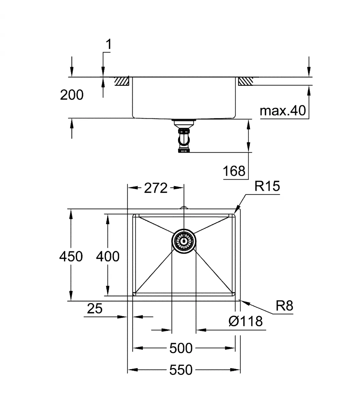 Chiuveta bucatarie Grohe K700U, otel, 540 x 440 mm, in/sub blat, evacuare, mat, grafit, 31574AL1 [10]