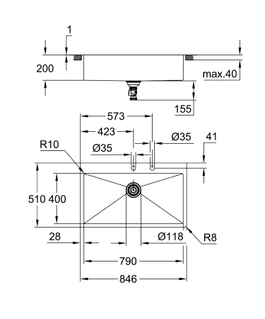 Chiuveta de bucatarie Grohe 31584SD1, K800, montare in/pe blat, 846 x 510 mm, 1 cuva, evacuare automata, inox satinat [4]