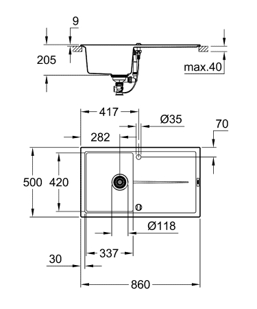 Chiuveta Quartz composite Grohe 31640AP0, K400, 860 x 500 mm, pe blat, reversibila, ventil, negru [3]