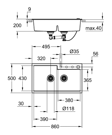 Chiuveta Quartz composite Grohe 31649AP0, K500, 860 x 500 mm, 2 boluri, montare pe blat, evacuare automata [4]