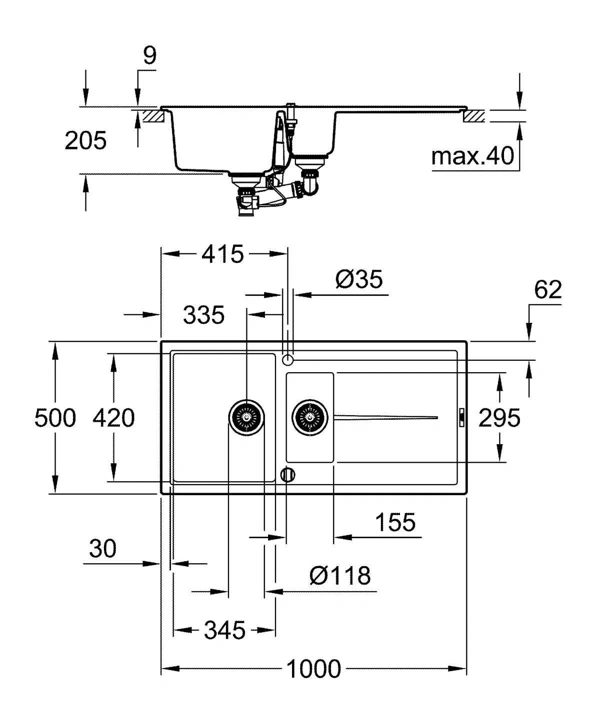 Chiuveta Quartz composite Grohe K400 31642AP0, 1000 x 500 mm, 2 boluri, montare pe blat, evacuare, negru [3]