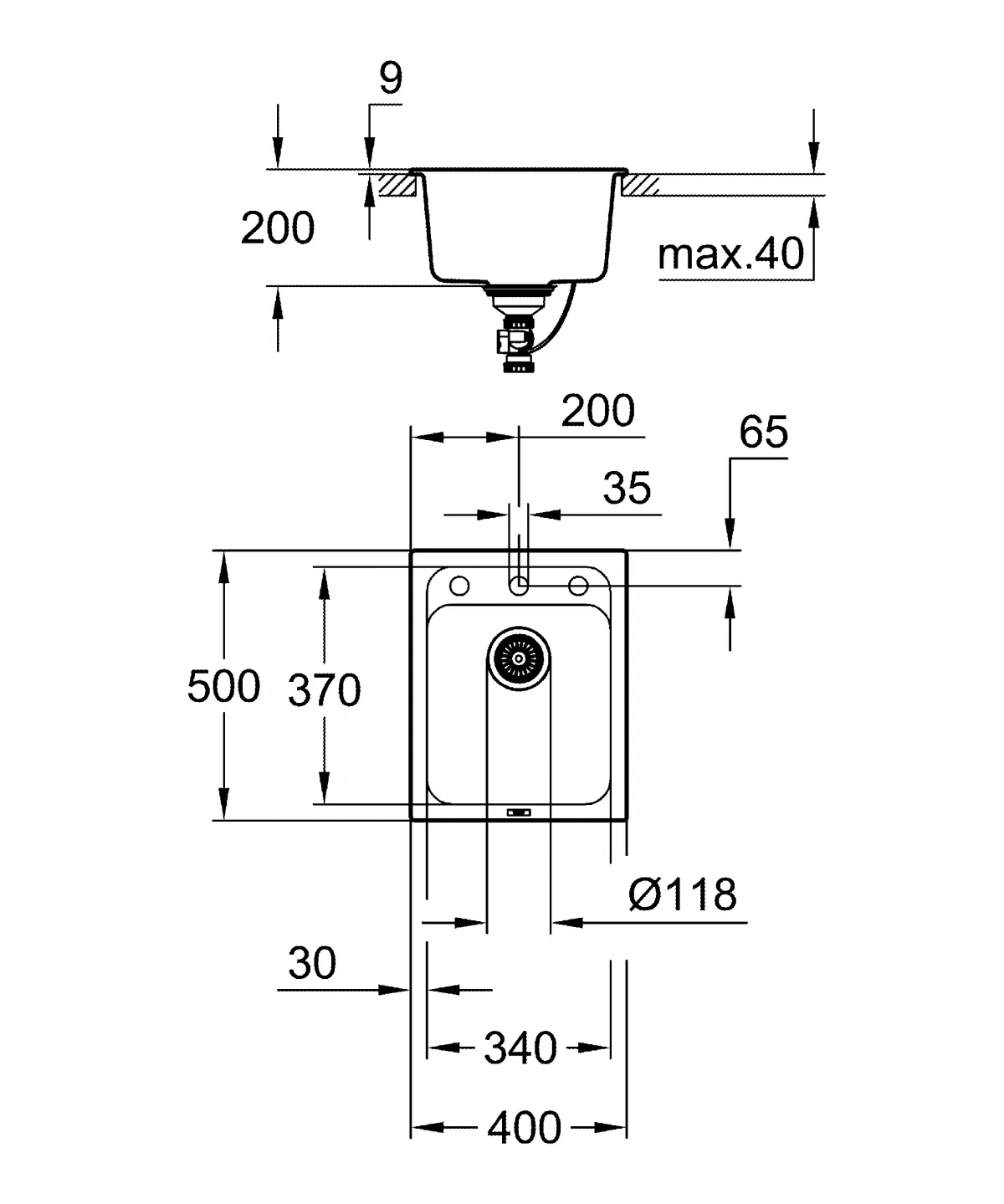 Chiuveta Quartz composite Grohe K700 31650AP0, 400 x 500 mm, pe blat, evacuare, negru [3]