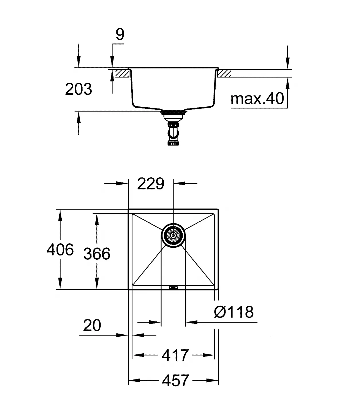 Chiuveta Quartz composite Grohe K700U 31653AP0, 457 x 406 mm, montare sub blat, evacuare manuala, Kit montaj si evacuare, Negru [3]