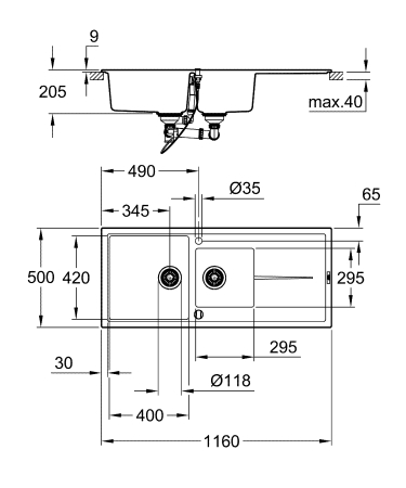 Chiuveta Quartz Grohe 31643AP0, K400, 1160 x 500 mm, 2 boluri, montare pe blat, evacuare, negru [3]