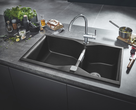Chiuveta Quartz Grohe 31658AP0, K700, 900 x 500 mm, reversibil, 2 boluri, montare pe blat, evacuare, negru [1]