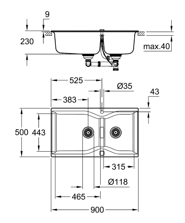 Chiuveta Quartz Grohe 31658AP0, K700, 900 x 500 mm, reversibil, 2 boluri, montare pe blat, evacuare, negru [3]