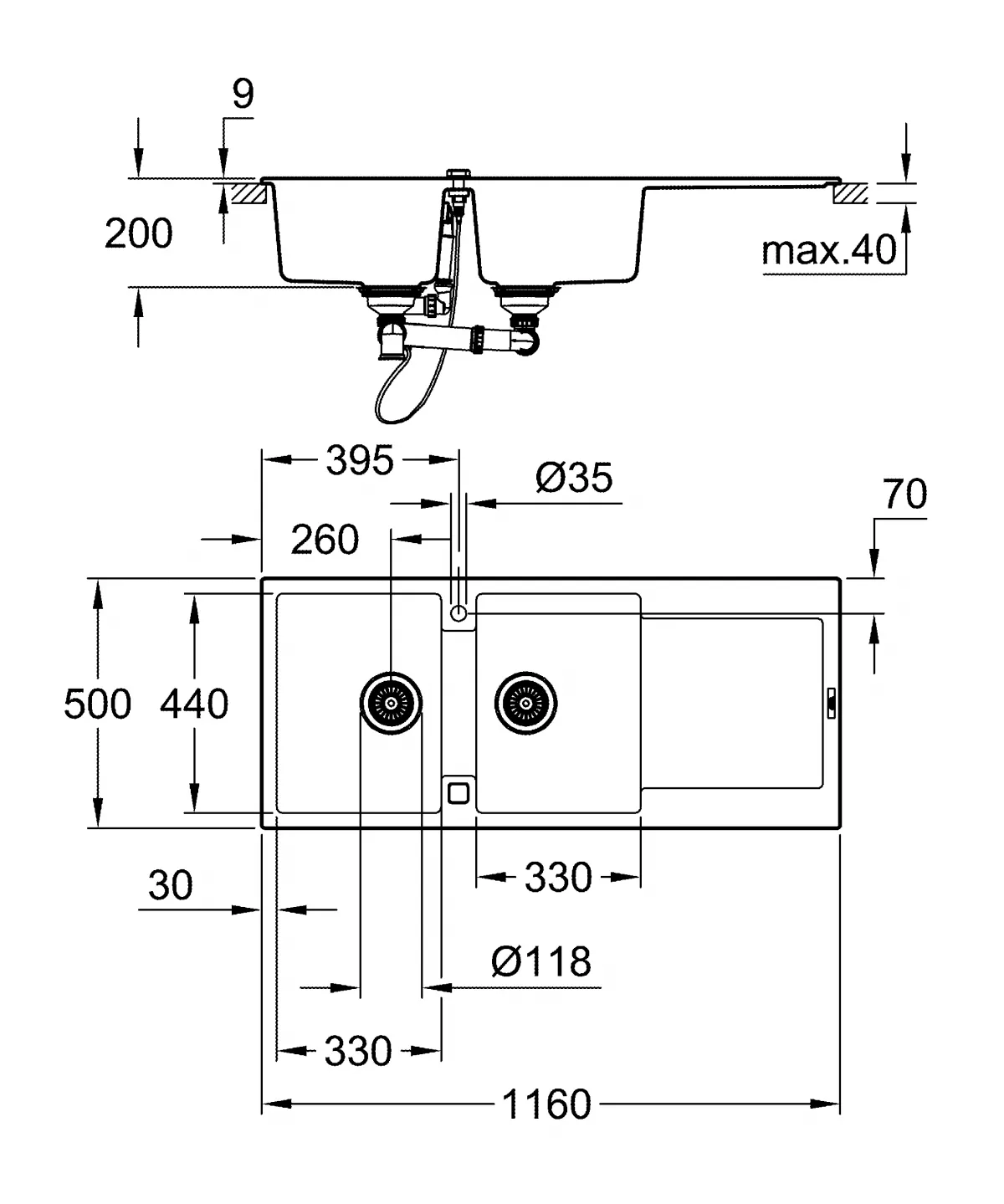 Chiuveta Quartz Grohe K500 31647AP0, 1160 x 500 mm, pe blat, evacuare, negru [3]