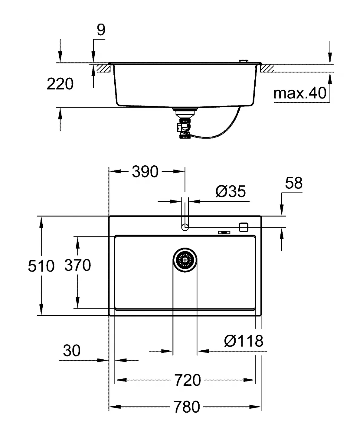 Chiuveta Quartz Grohe K700 31652AP0, 780 x 510 mm, pe blat, evacuare, negru [6]