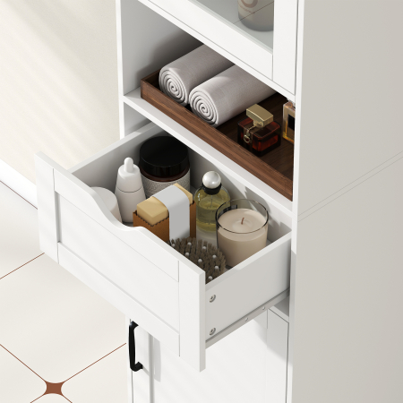  Coloana Baie din Lemn cu 2 Dulapuri, Sertar si Raft Deschis, 40x30x165 cm, Alb [8]