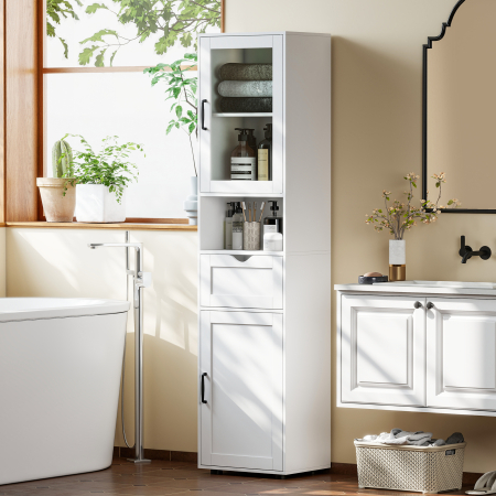  Coloana Baie din Lemn cu 2 Dulapuri, Sertar si Raft Deschis, 40x30x165 cm, Alb [1]