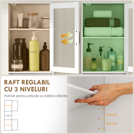  Coloana Baie din Lemn cu 2 Dulapuri, Sertar si Raft Deschis, 40x30x165 cm, Alb [4]