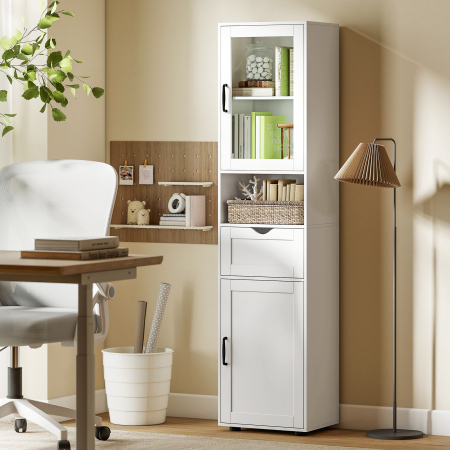  Coloana Baie din Lemn cu 2 Dulapuri, Sertar si Raft Deschis, 40x30x165 cm, Alb [7]