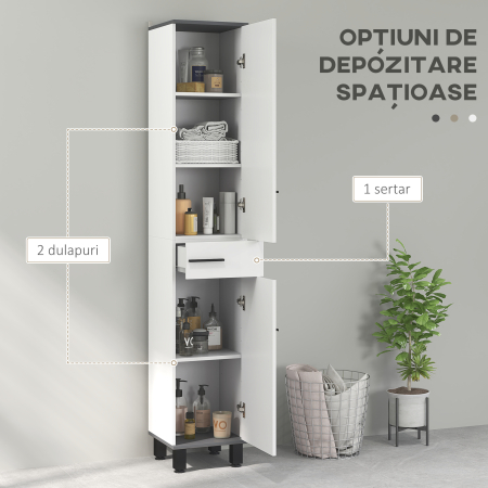  Coloana de Baie Moderna cu Sertar, 2 Dulapuri, 2 Usi si Rafturi Reglabile, Mobilier de Baie, 34x34x190 cm, Alb [3]