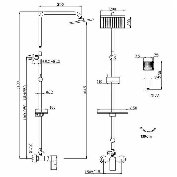 Coloana de dus cu baterie monocomanda Ferro Algeo Square cu 1 functie [2]