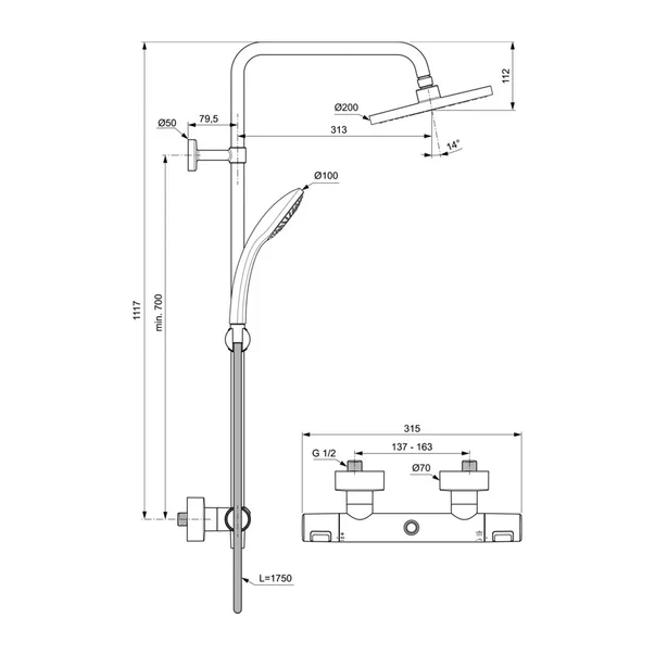 Coloana de dus cu baterie termostatata negru mat Ideal Standard IdealRain Ceratherm T25 furtun dus 160 cm [1]