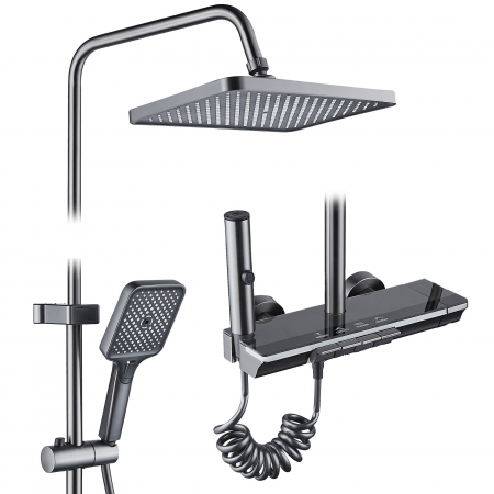 Baie - Coloana de dus RAIZ Origins PRIME, 4 functii, Display LCD, Montare rapida, Jet reglabil, Para de dus, Dus fix cu functie ploaie, Functie bideu, Negru mat