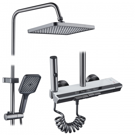 Baie - Coloana de dus RAIZ Origins PURE, 4 functii, Montare rapida, Jet reglabil, Presiune ridicata, Para de dus, Dus fix cu functie ploaie, Functie bideu, Negru mat