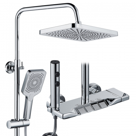 Baie - Coloana de dus RAIZ Origins Crest, 4 functii, Usor de montat, Presiune ridicata, Jet reglabil, Materiale premium, Dus fix cu functie ploaie, Functie bideu, Argintiu