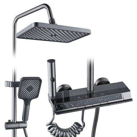 Coloane de dus - Coloana de dus RAIZ Origins Flow, 4 functii, Afisaj digital, Jet reglabil, Presiune ridicata, Para de dus, Dus fix cu functie ploaie, Functie bideu, Gri