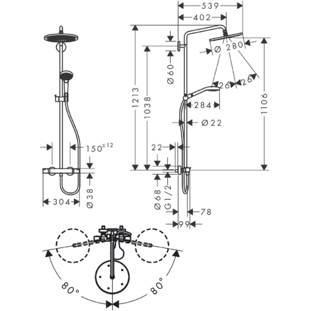 Coloana de dus termostatata Hansgrohe Croma Select S, palarie 280 mm, blocare 40 grade, negru mat [2]