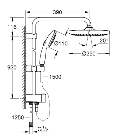 Coloana dus Grohe 26989001, 1.5 m, 110 mm, 1136 mm, 250 mm, 2 functii para dus, 1/2 conexiune furtun, Crom [17]