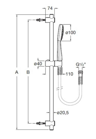 Coloana dus Roca A5B9D03C00, 1.7 m, 100 mm, 700 mm, 1 functii para dus, 1/2 conexiune furtun, conexiune universala, Crom [1]
