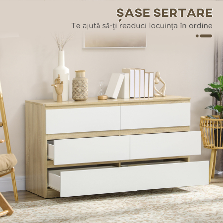  Comoda 6 Sertare 135×48×77 cm Alb/Natur [4]