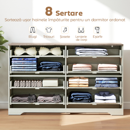  Comoda 8 Sertare Moderna din Lemn, 140x40x86 cm, Nuc si Gri Deschis [3]