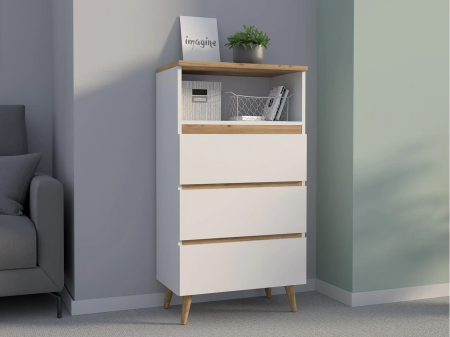 Comoda biblioteca Norge 03 cu 3 sertare si raft deschis, 65x37x119 cm, alb si stejar craft [1]