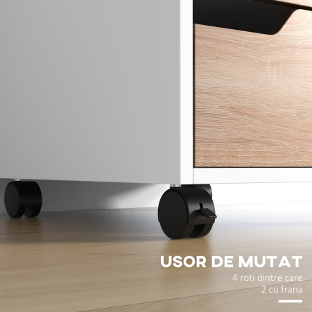  Comoda Birou - 3 Sertare, Roti, Alb si Lemn [5]