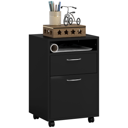 Dulapuri birou -  Comoda Birou Neagra - 2 Sertare & 4 Roti Pivotante