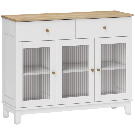 Bucatarie -  Comoda Bucatarie cu 2 Dulapuri si 2 Sertare, Usi din Sticla Temperata santata, Bufet pentru Living cu Rafturi Reglabile, pentru Sufragerie, 100x35x80.3 cm, Alb si Stejar