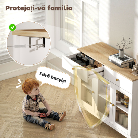  Comoda Bucatarie cu 2 Dulapuri si 2 Sertare, Usi din Sticla Temperata santata, Bufet pentru Living cu Rafturi Reglabile, pentru Sufragerie, 100x35x80.3 cm, Alb si Stejar [7]