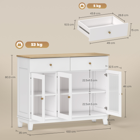  Comoda Bucatarie cu 2 Dulapuri si 2 Sertare, Usi din Sticla Temperata santata, Bufet pentru Living cu Rafturi Reglabile, pentru Sufragerie, 100x35x80.3 cm, Alb si Stejar [2]