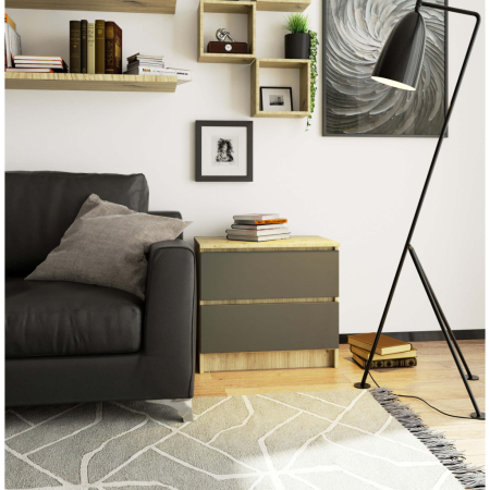 Comoda cu 2 sertare din PAL laminat 16 mm, 60x40x55 cm, stejar artisan si gri [3]