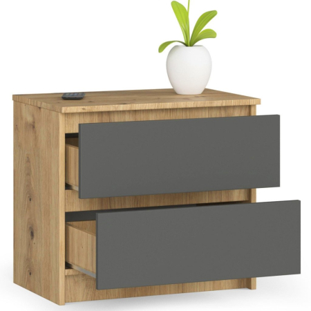 Comoda cu 2 sertare din PAL laminat 16 mm, 60x40x55 cm, stejar artisan si gri [1]