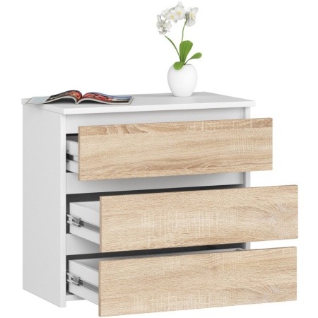 Comoda cu 3 sertare, PAL laminat 16 mm, 60x35x57 cm, alb si stejar sonoma [2]