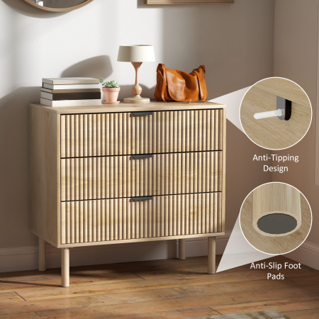  Comoda cu 3 Sertare, Picioare din Lemn Masiv si Design Canelat, 80x40x77,5 cm, Lemn Natural [5]