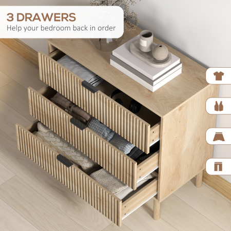 Comoda cu 3 Sertare, Picioare din Lemn Masiv si Design Canelat, 80x40x77,5 cm, Lemn Natural [4]