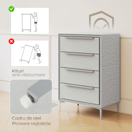  Comoda cu 4 Sertare in Otel cu Acoperire in tesut cu Efect de In, 60x36x88 cm, Gri [6]